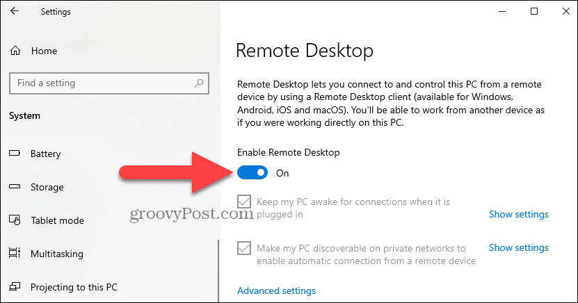 enable-remote-desktop-kapcsoló