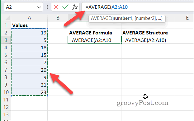 Képlet készítése az AVERAGE segítségével Excelben