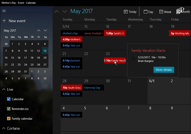 Windows 10 Calendar alkalmazás