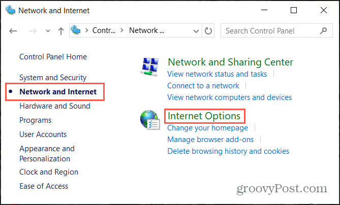 Hálózati internetbeállítások a Windows Vezérlőpulton