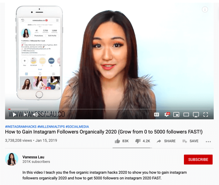 Vanessa Lau YouTube-videó az Instagram organikus hackjeiről