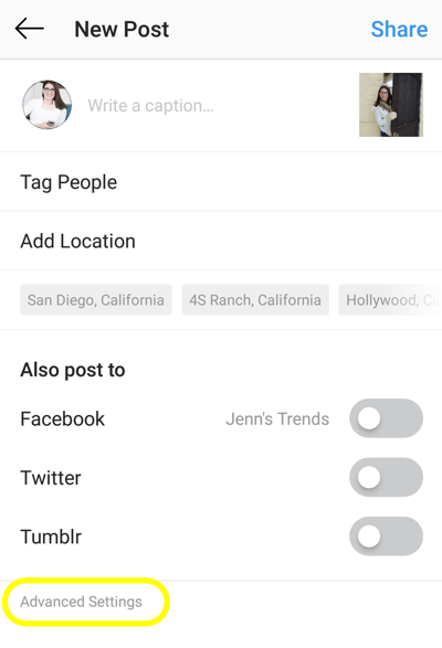 Hogyan adhatunk alt szöveget az Instagram bejegyzésekhez, 1. lépés, új instagram post haladó beállítás opció