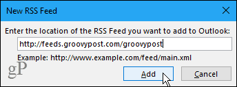 Új RSS feed párbeszédpanel az Outlookban