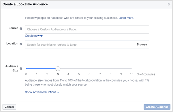 A Facebook Hozzon létre egy hasonló közönséget párbeszédpanelen van egy Közönség méret csúszka.