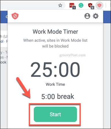 A BlockSite Work Mode időzítő indítása