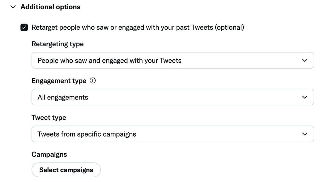 hogyan kell méretezni a Twitter-hirdetéseket a célközönség rétegének bővítése több additív célközönség-meglévő-hirdetéskezelő-beépített-újracélzás-opció-példa-14