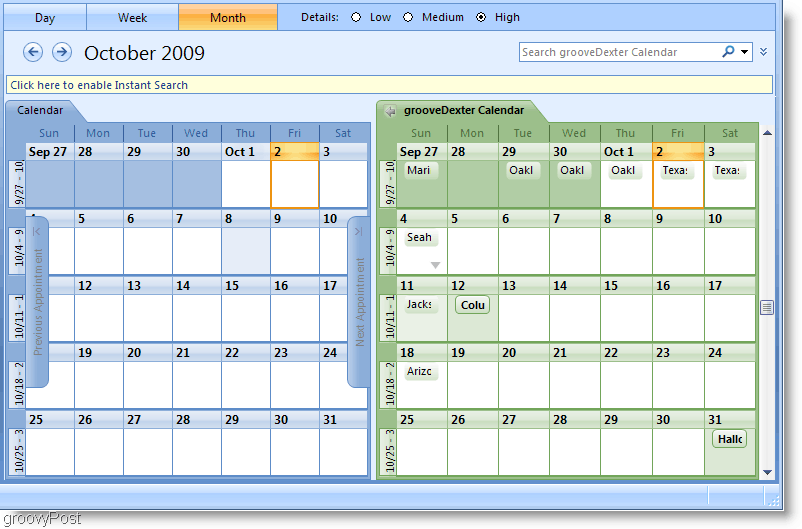 Az Outlook 2007 Side-by-side naptár-képernyőképe
