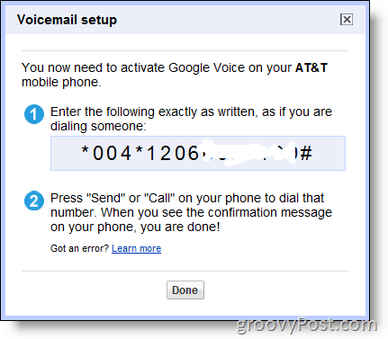 Képernyőkép - A Google Voice engedélyezése a nem google számokon a & t oldalon