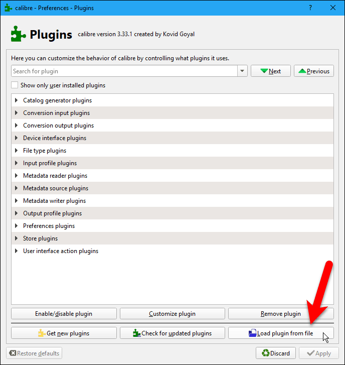 Kattintson a Caliber Plugins párbeszédpanelen a plugin betöltése fájlból elemre