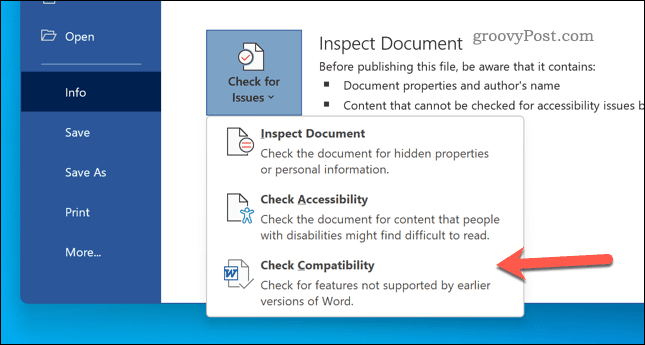 Ellenőrizze a dokumentumok kompatibilitását a Wordben