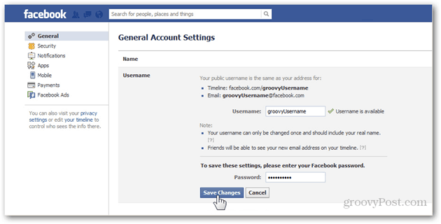 A facebook általános fiókbeállítási beállításai kezelik az általános felhasználónevet felhasználónév jelszó mentés változtatások megerősítik