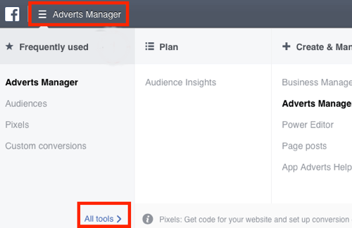 Keresse meg a Pixels irányítópultot a Facebook Ads Manager-ben.