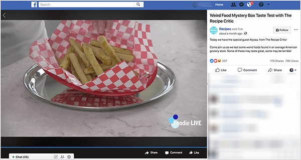 Ez egy képernyőkép a Weird Food Mystery Box Taste teszt nevű élő videóról a Recept kritikusával. Ez a videó a Facebook Watch Receptek című műsorában jelent meg. A videó továbbra is zöldes krumplit mutat egy piros műanyag kosárban, amelyet vörös-fehér kockás papírral bélelnek. Ez a kosár egy kerek ezüst tálon található, amely egy világosszürke márvány pulton helyezkedik el. A bal alsó sarokban az „Foodie Live” szöveg található. A videó jobb oldalán még mindig található egy oldalsáv a videó címmel, a show márkanevével és a videó bejegyzés szövegével: „Ma van a különleges vendég, Alyssa, a The Recipe Critic! Gyere el hozzánk, amikor tesztelünk néhány furcsa ételt, amelyet egy átlagos amerikai élelmiszerboltban találunk. Ezek némelyikének nagyszerű íze lehet, másnak szörnyű! A videó 337 reakciót, 179 megosztást és 79 000 megtekintést tartalmaz. Rachel Farnsworth rendszeresen élő show-t tart a Facebook Watch műsorában.