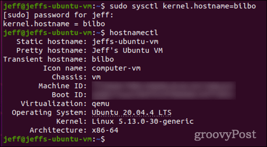 állítsa be az átmeneti gazdagépnevet a sysctl-lel