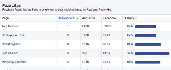 A Facebook Közönség Insights felsorolja azokat az oldalakat, amelyek a közönség számára tetszhetnek az érdeklődésük alapján. 