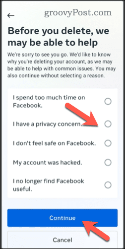 Facebook-fiók törlésének kiválasztása mobilon