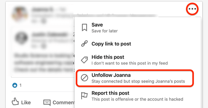 képernyőkép a... legördülő menü egy LinkedIn bejegyzéshez, piros színnel körözve a Követés követése opcióval