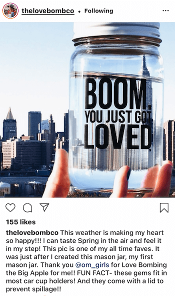 @thelovebombco instagram bejegyzése, amely bemutatja termékeik felhasználói által létrehozott tartalmát, amely New Yorkban szerepel