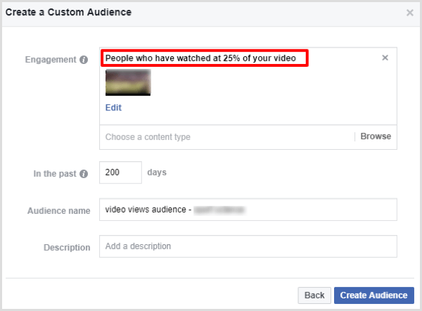 facebook létrehozása video elkötelezettség egyéni közönség