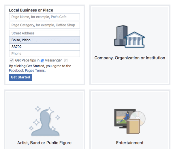 Vegye figyelembe az egyes típusok és kategóriák által kínált szolgáltatásokat a Facebook-oldalához.
