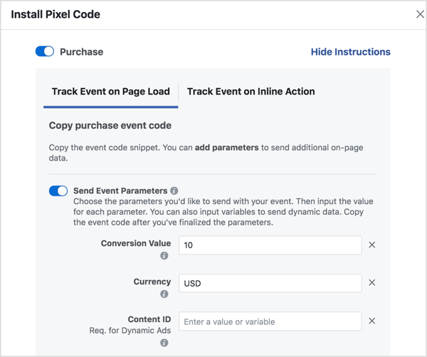 Állítson be paramétereket a szükséges Facebook eseménykód előállításához.