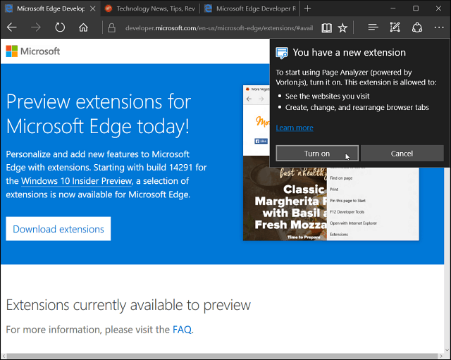 Telepítve a Microsoft Edge kiterjesztés