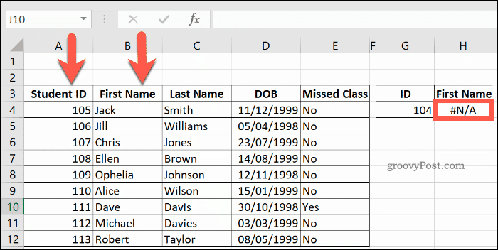 A VLOOKUP NA hibát ad vissza az Excel programban