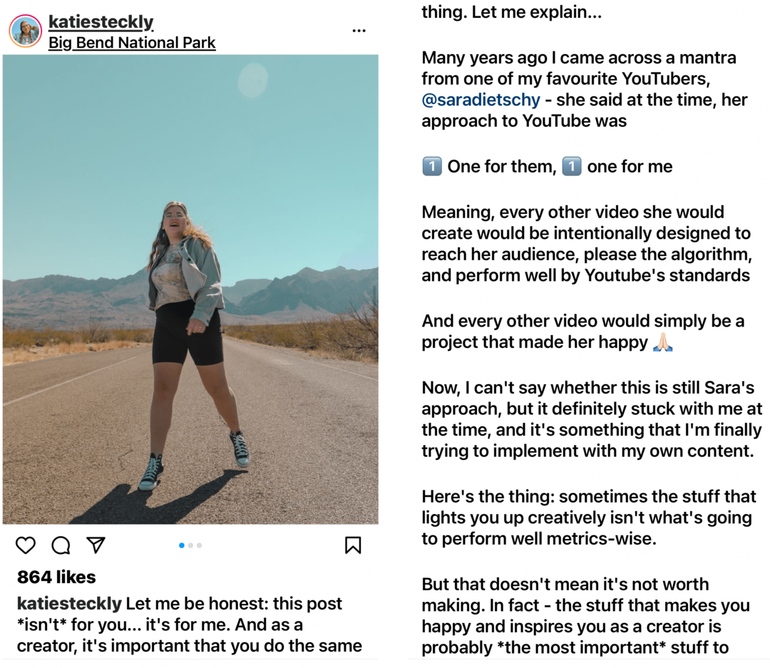 Instagram üzleti bejegyzés képe fényképpel és hosszú felirattal