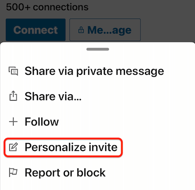 linkedin mobil profil további... menü a meghívás személyre szabása opcióval