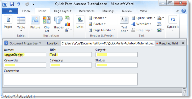 módosítsa a dokumentum tulajdonságait a dokumentum panelen a Word 2010 alkalmazásban