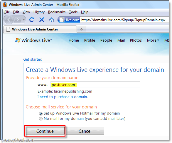 adja meg domain névét a Windows Live számára