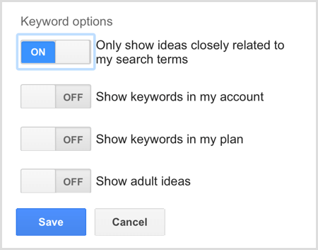 Google AdWords Kulcsszótervező keresési kulcsszóopciók