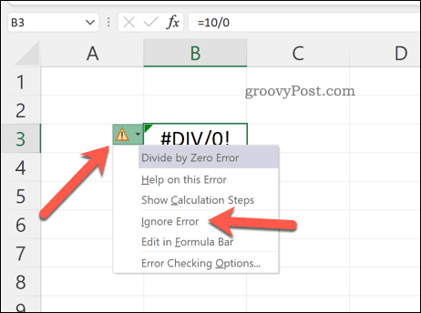 Az Excel hibáinak figyelmen kívül hagyása