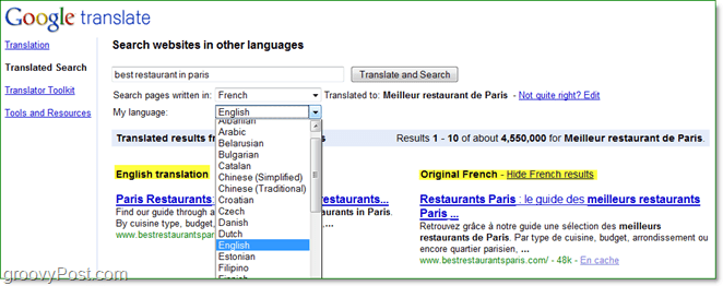 keressen különböző nyelveken található internetes oldalakat, és olvassa el saját magukkal a Google lefordított szavakkal