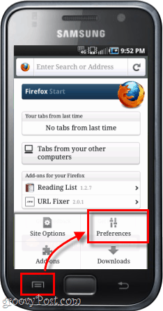 android telefon Firefox alkalmazás preferenciái