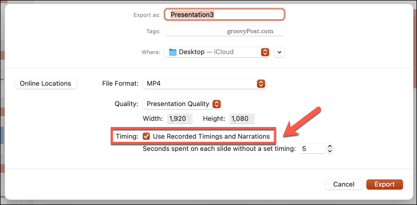 Rögzített időzítések használata exportált videóhoz a Mac PowerPoint programban