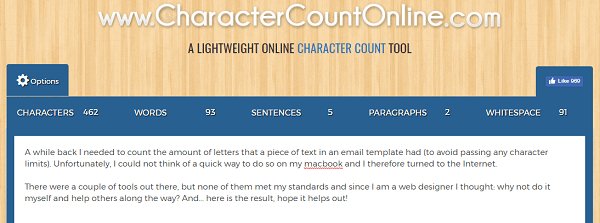A karakterek, szavak, bekezdések és egyebek számolásához használja a CharacterCountOnline.com oldalt.