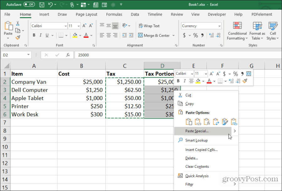 speciális beillesztés az Excel programba