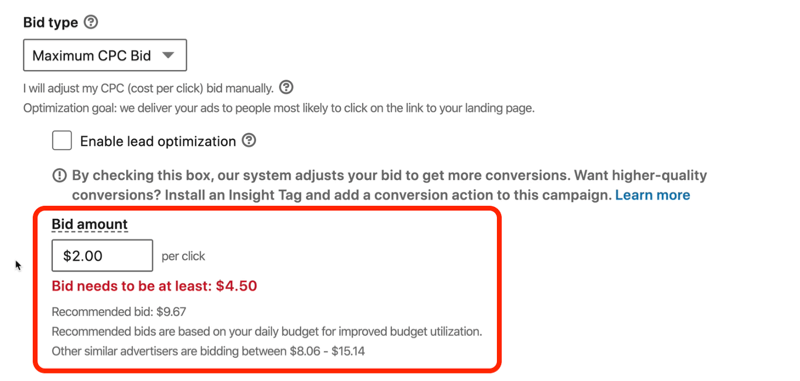 képernyőkép a piros üzenetről: „A LinkedIn ajánlatának legalább 4,50 USD-nak kell lennie”