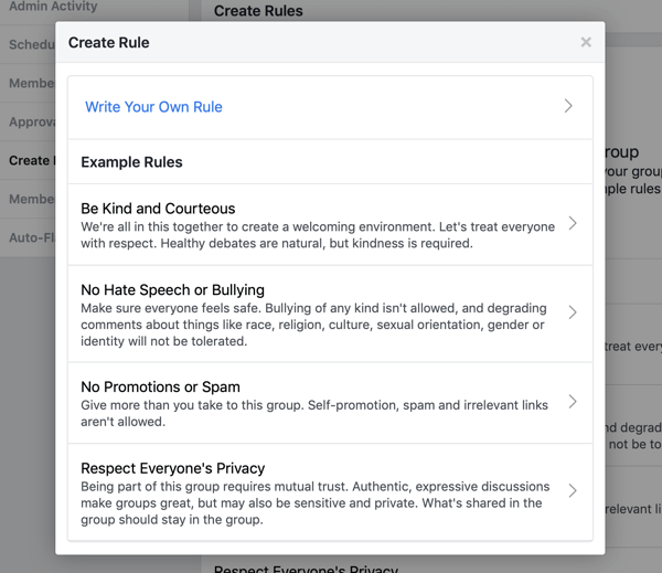 Hogyan lehet javítani a Facebook-csoport közösségében, példa a Facebook-csoport előre megírt szabályaira