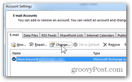 Új postafiók hozzáadása az Outlook 2013 programhoz - Kattintson a Módosítás gombra