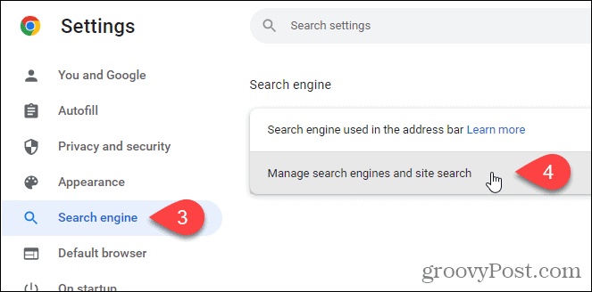 Kattintson a Keresőmotorok és webhelykeresés kezelése lehetőségre a Chrome Keresőmotor képernyőjén