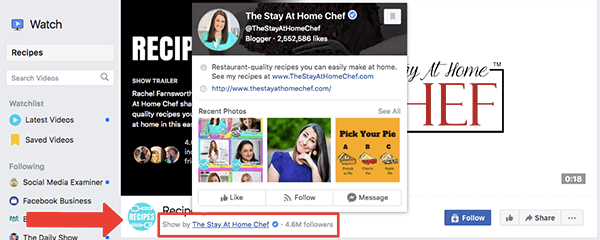 Ez egy képernyőkép a Facebook Watch Receptek show oldaláról. A Show By The Stay At Home Chef hitelt élénk piros nyíllal és piros négyzettel emelik ki. A The Stay At Home Chef Facebook oldalán található felugró ablak tartalmazza a Receptek Facebook Watch show címlapképét. Rachel Farnsworth a Facebook oldalt és a Facebook Watch műsort is vezeti.