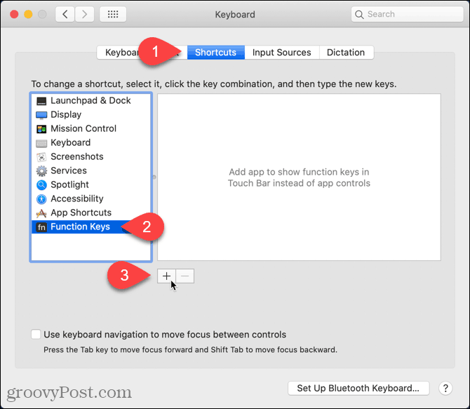 Kattintson a plusz ikonra a Mac Shortcuts képernyőn