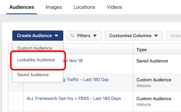 Lehetőség Facebook keresési közönség létrehozására a Közönség létrehozása a Facebook Ads Manager alatt.