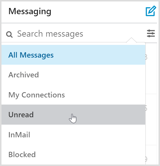 A LinkedIn üzenetküldő beérkező levelek szűrői tartalmaznak egy olvasatlan üzenetszűrőt.