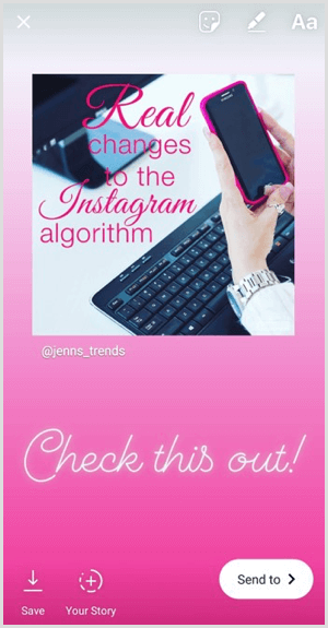 Szöveget, matricákat vagy egyéb összetevőket adhat hozzá az Instagram-történet újramegosztott bejegyzéséhez.