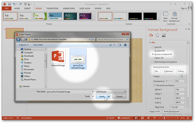 Office 2013 sablon létrehozása POTX testreszabása a dia diák testreszabásához Bemutatója Fotók textúrájának kitöltése Vágólap-fájl importálása
