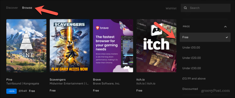 Az Epic Games Store weboldala, ahol megvásárolható játékok láthatók