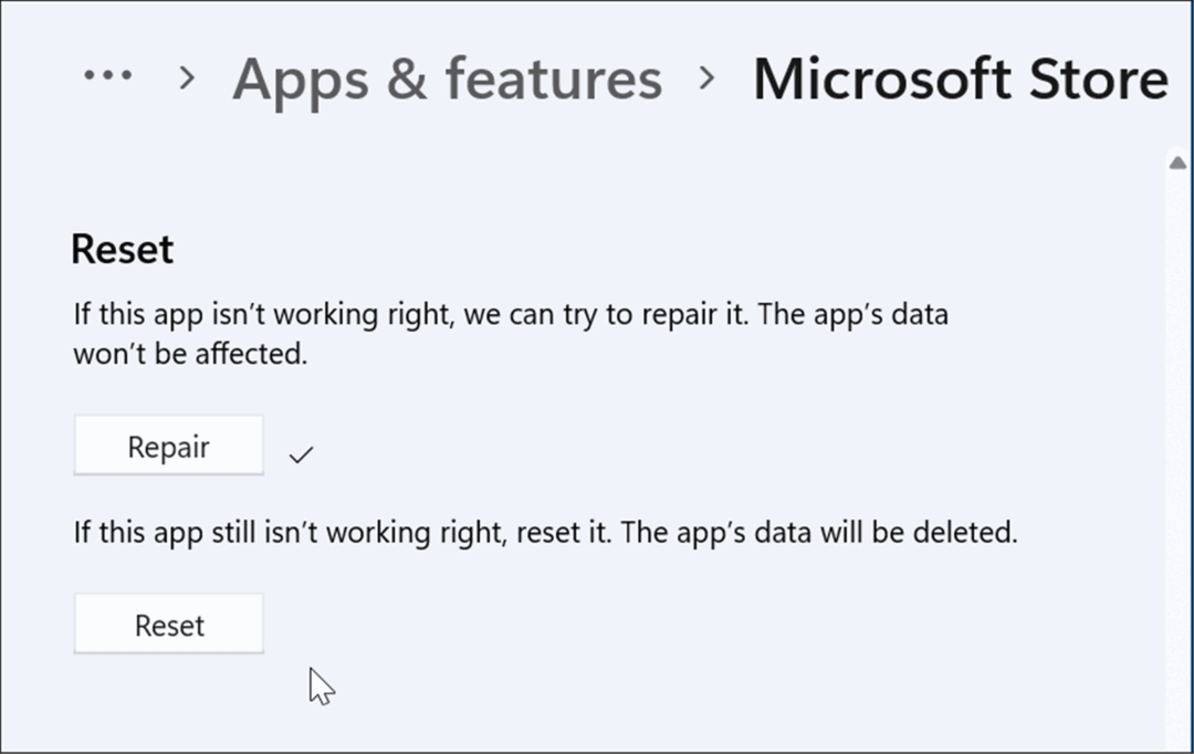 alaphelyzetbe állítás vagy javítás a Microsoft Store alkalmazás nem működik Windows 11 rendszeren